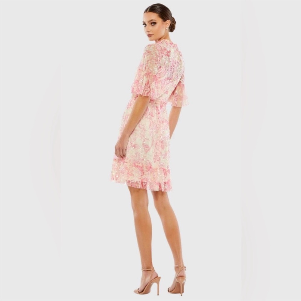 NWT Mac Duggal Sequin Floral
Ruffle Illusion Neck Mini Dress Pink